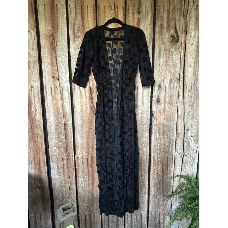 Vintage Black Sheer Duster Leaf Velvet Witchy Goth Beaded Maxi Open Front 59″