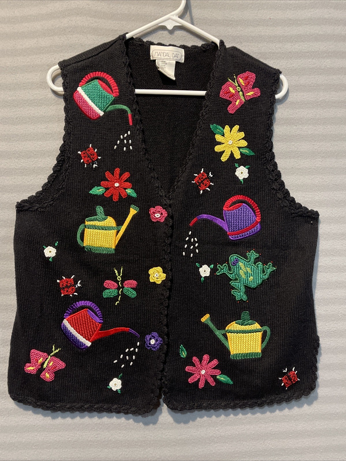 1980s Mandal Bay Womens M Gardening Sweater Vest Black Novelty GrandmaCore Vtg