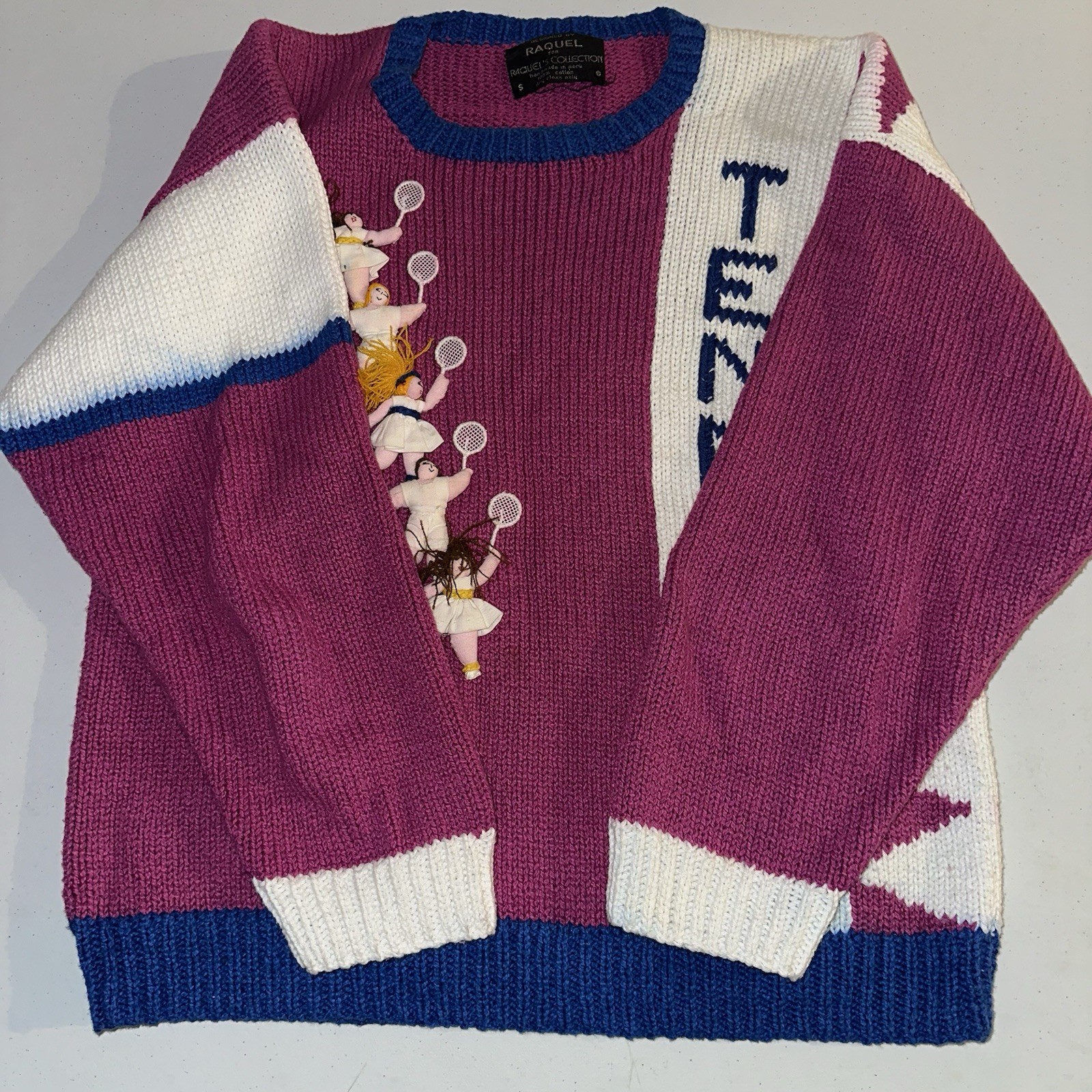 Vintage 1980s Raquels Collection 3D Tennis Knit Sweater Size Small Colorblock