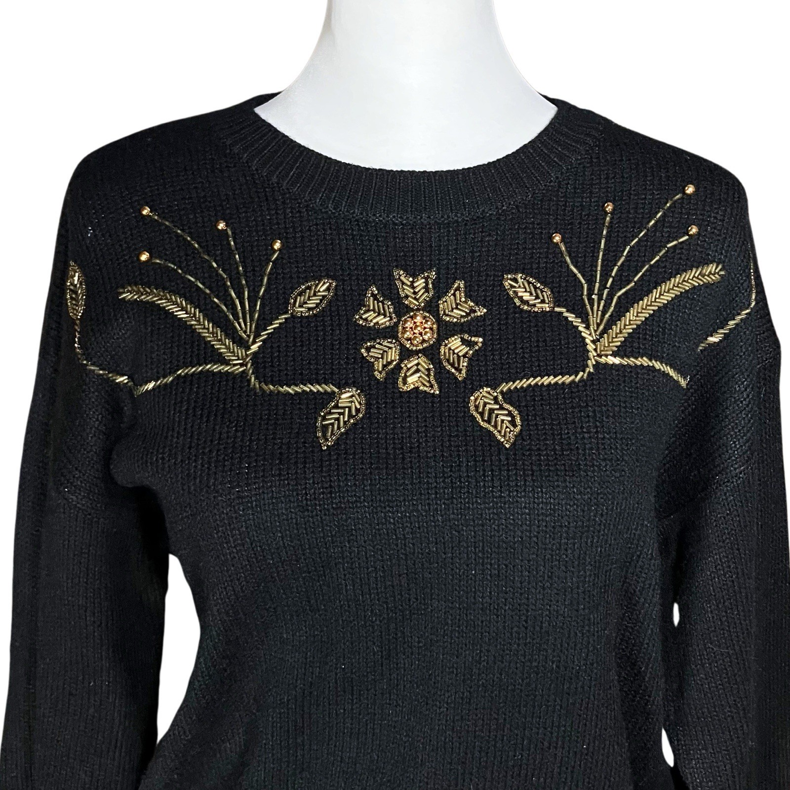 Vintage 90s Black Russ Sweater with Gold Floral Beading. S/M. Retro, Maximalism