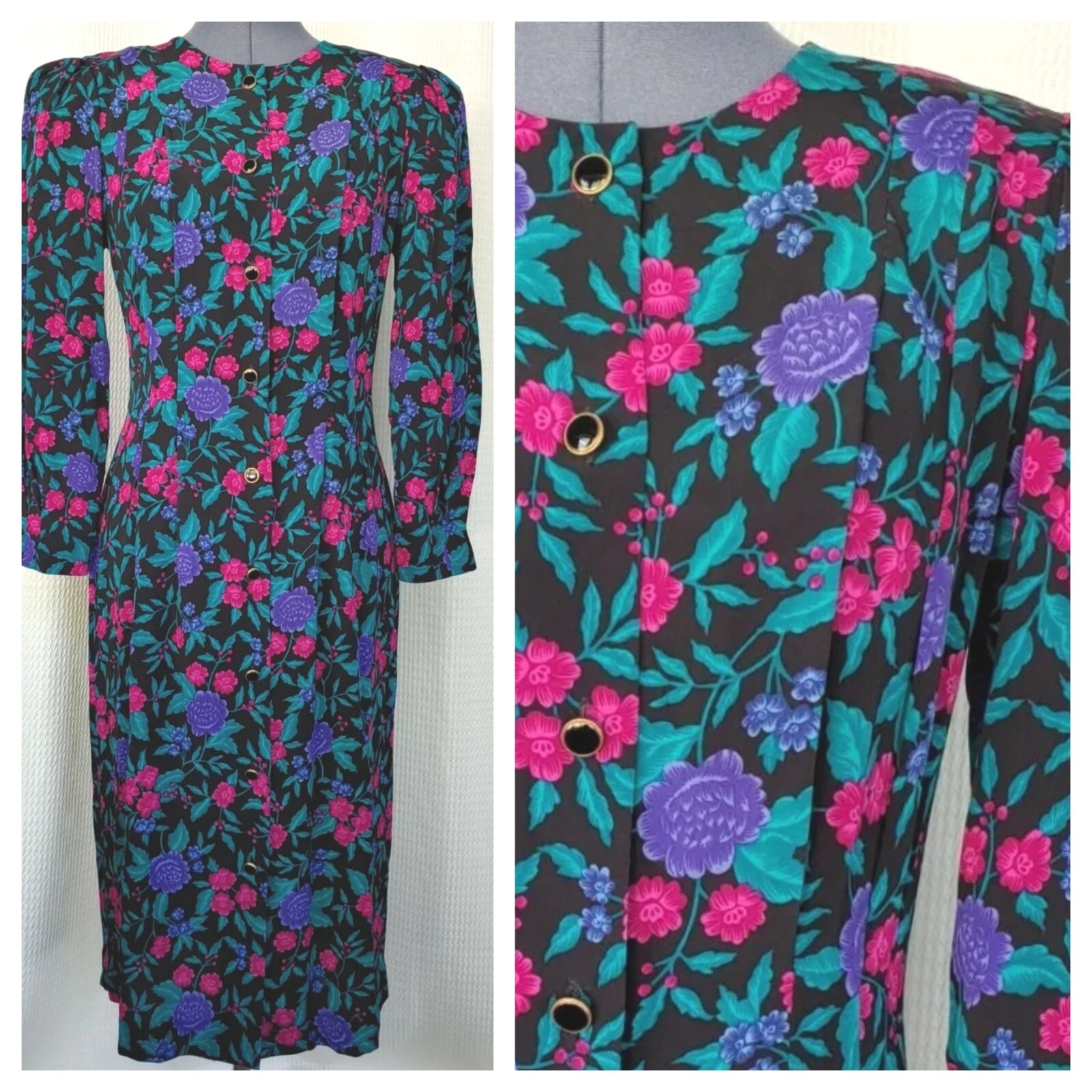 Vintage Andrew Harvey Fitted Black Dress with Pink/Purple/Teal Florals Size 8