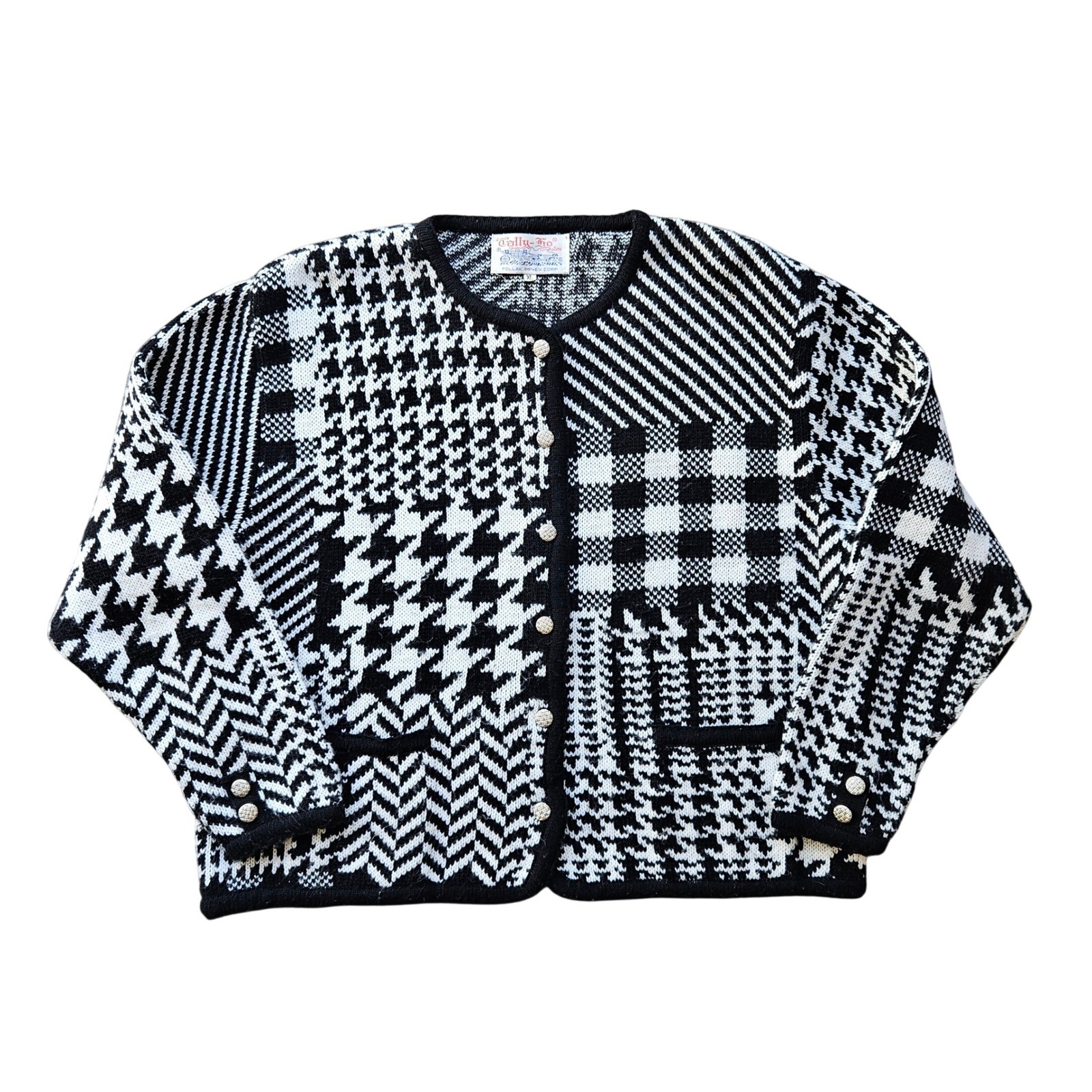 Tally-Ho Vtg Mixed Print Cardigan Sweater XL Black White Houndstooth Patchwork