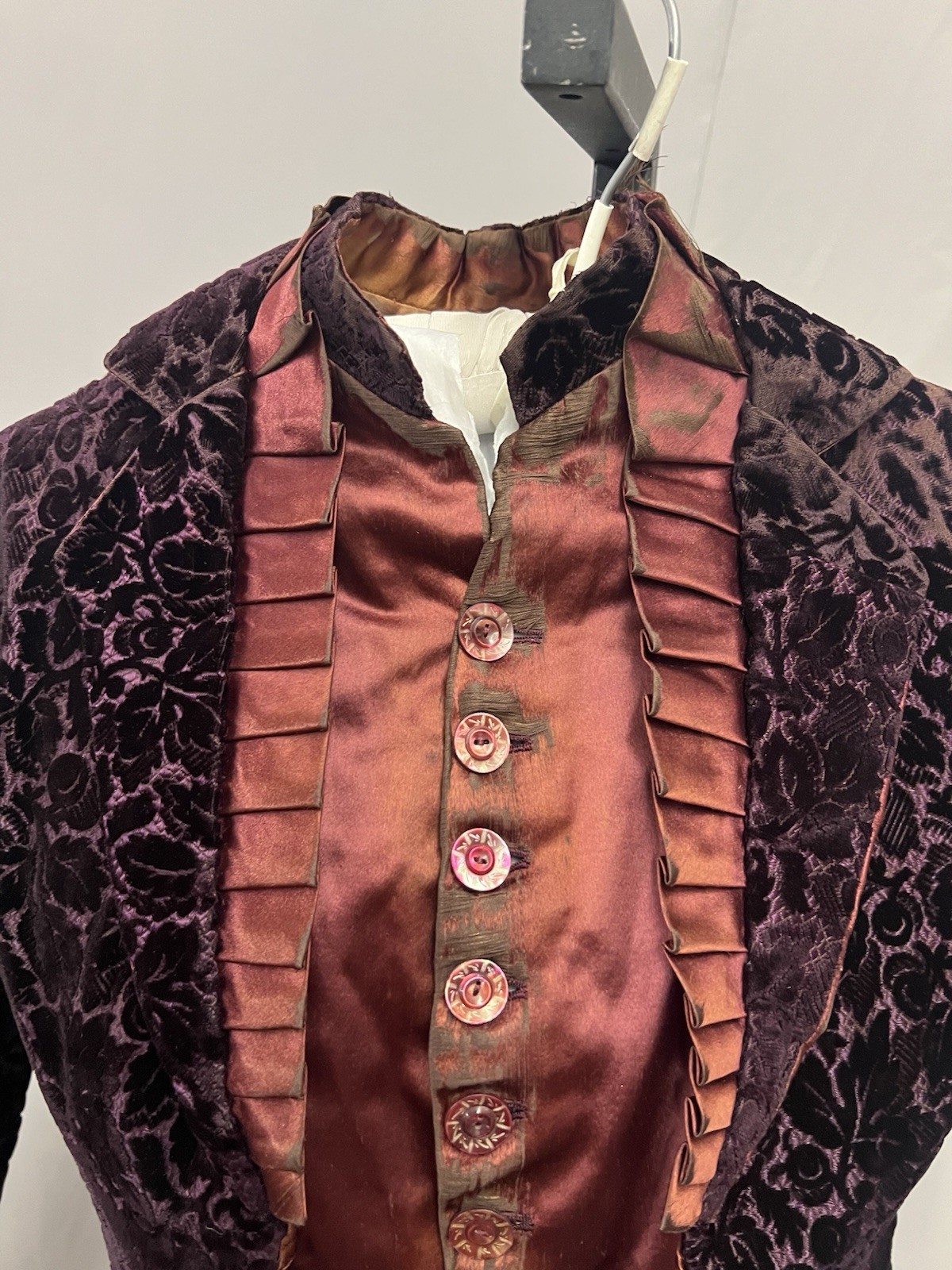 1880’s Burgundy Figured Velvet & Merlo Silk Satin Bodice