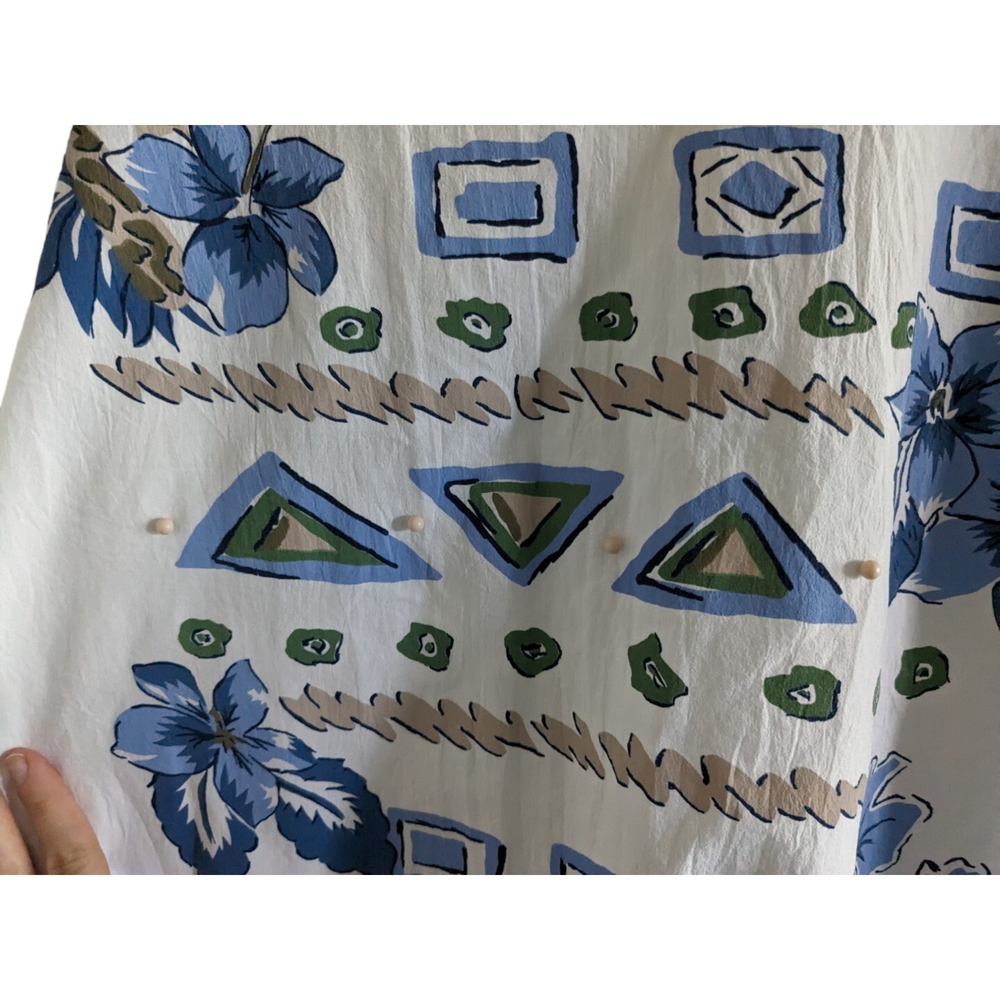 Vtg 80s/90s L/XL White Blue Floral Beaded Banded Waist Top Coastal Granny