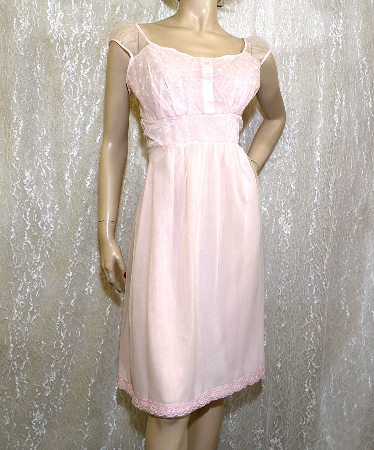 Vintage Rare Nichelene Pink Embroidered Double Layer Lingerie Dress Nightgown 38
