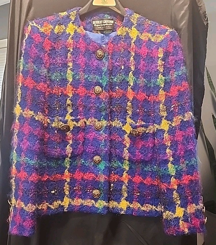 Vintage Herbert Grossman Colorful Plaid Mohair Wool Blazer Size 12 USA