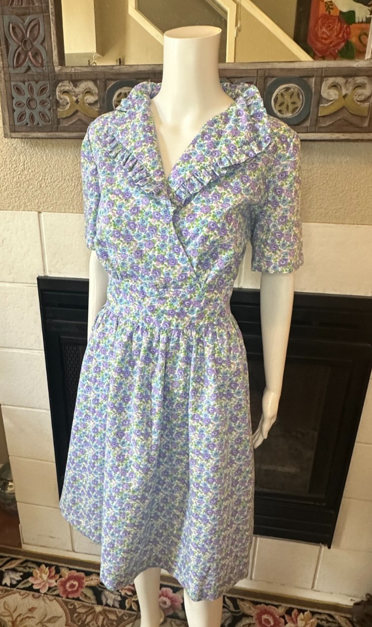 Vtg Lg 1950s Full Skirt Day Dress tea collared Handmade Floral a-line MCM Party