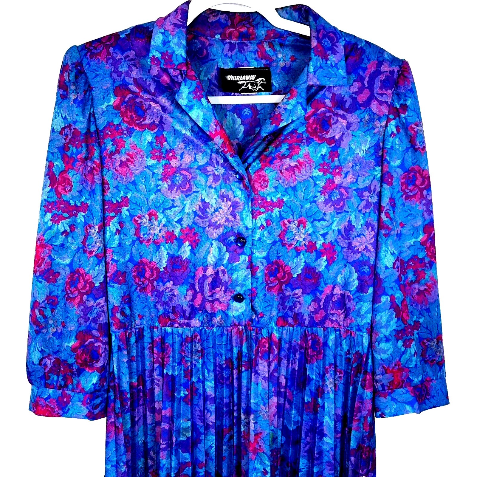 Vtg 70s Whirlaway Floral Pleated Secretary Dress Size 12 Blue Purple Secretary