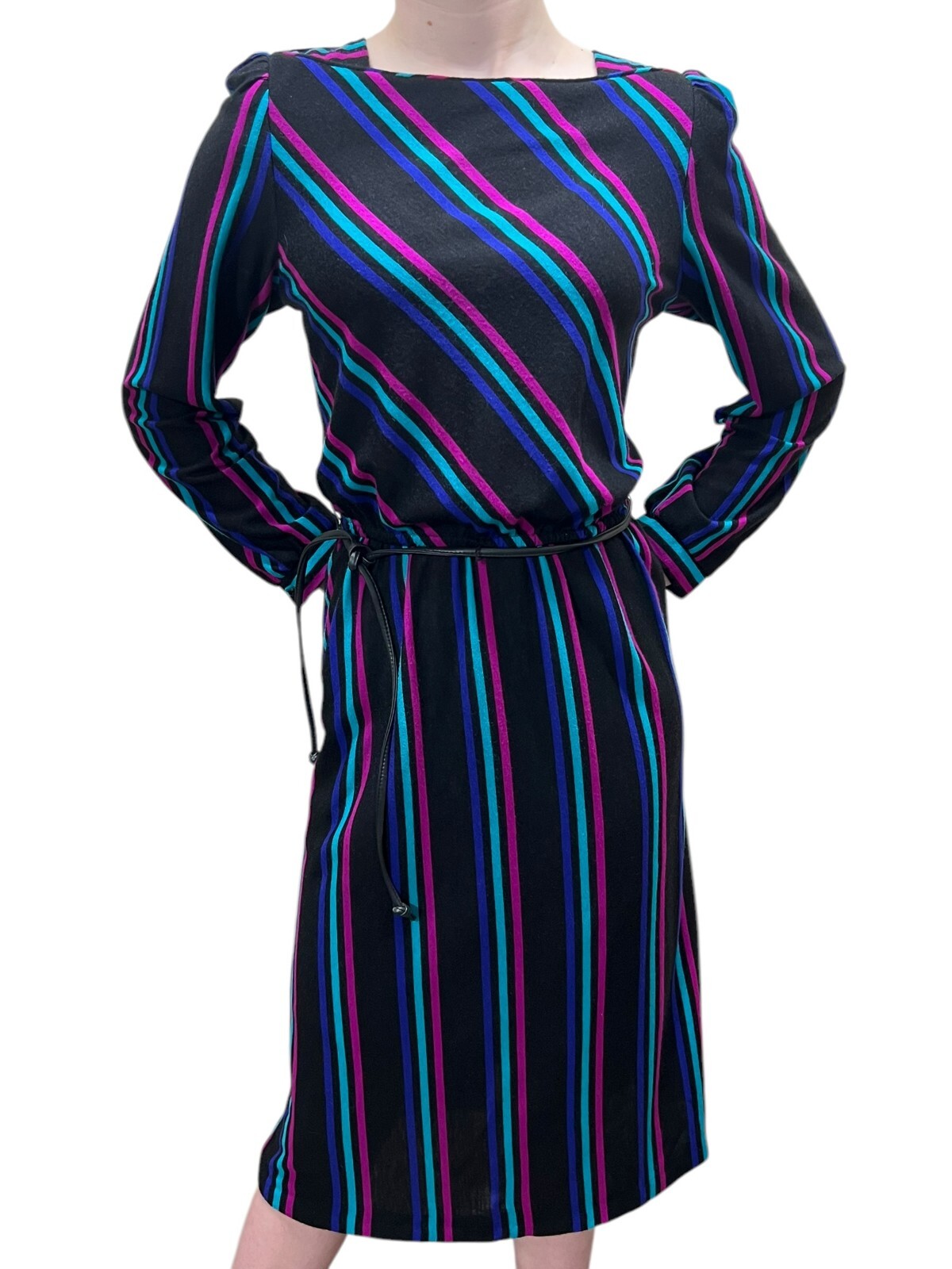 EUC Vtg 70s Sz S~M Dress Stripe Soft Knit Belt Sally Lou Boat neckline Puff Slv