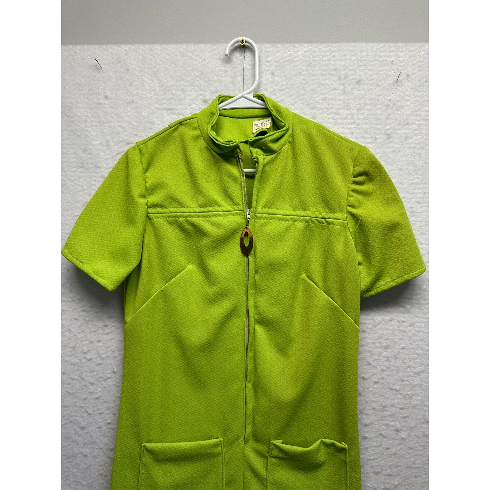 Vintage JCPenney Lime Green Housecoat Dress Front Zip Pockets Medium Cottage