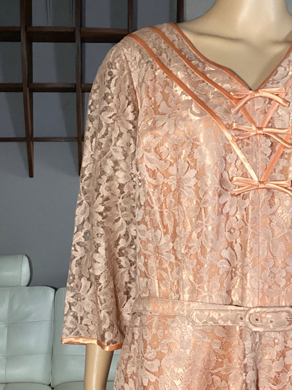 Vintage 50’s All Lace Over Apricot Satin Cocktail Party Dress XL Rockabilly