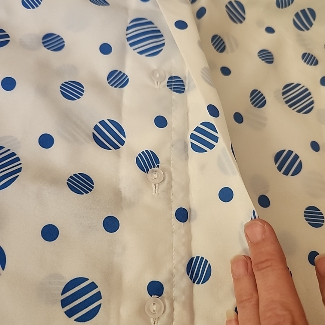 Vtg 70s Judy Bond Sheer Polka Dot Short Sleeve Blouse Dopamine Bright Button-Up