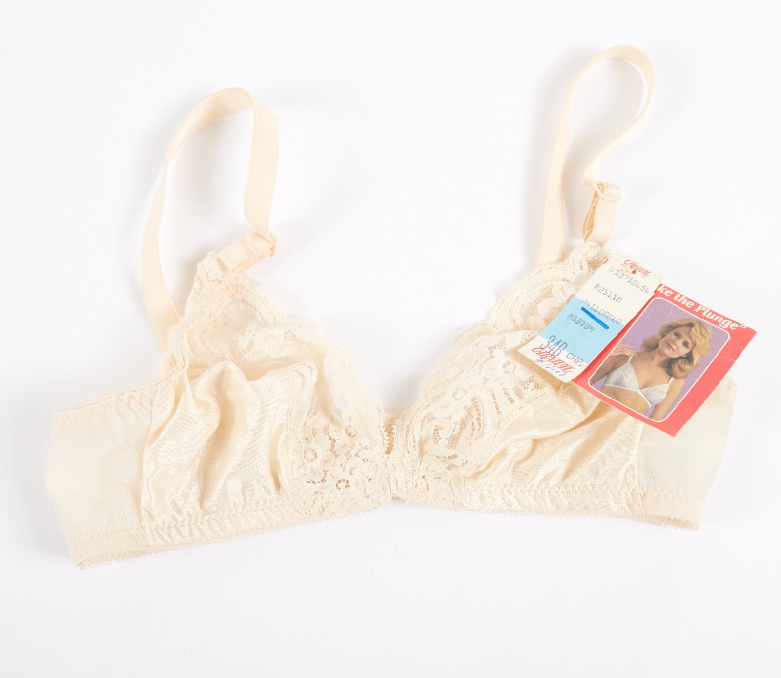 USA Vintage Bra 34B 34 B Cream Lace Trim Sexy Bombshell Mom Take the Plunge