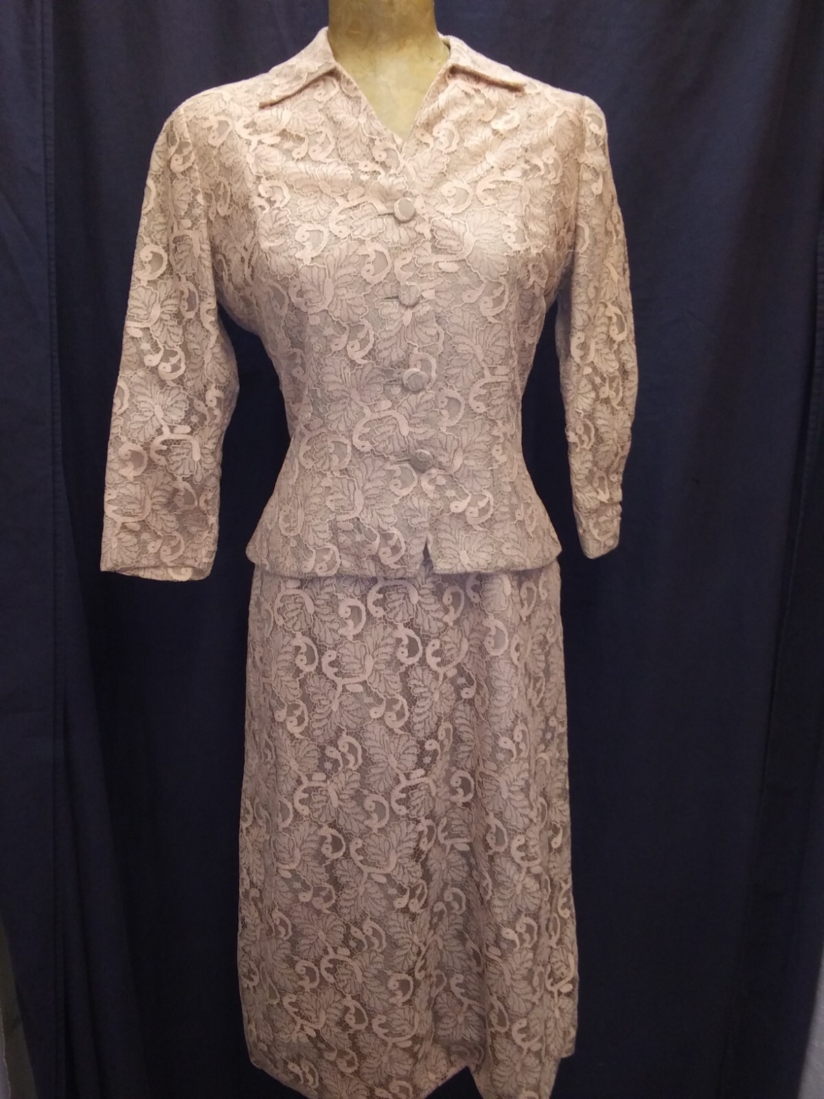 Vintage 1950’s Tan Peach Lace Dress & Jacket Set A Melody Dress M