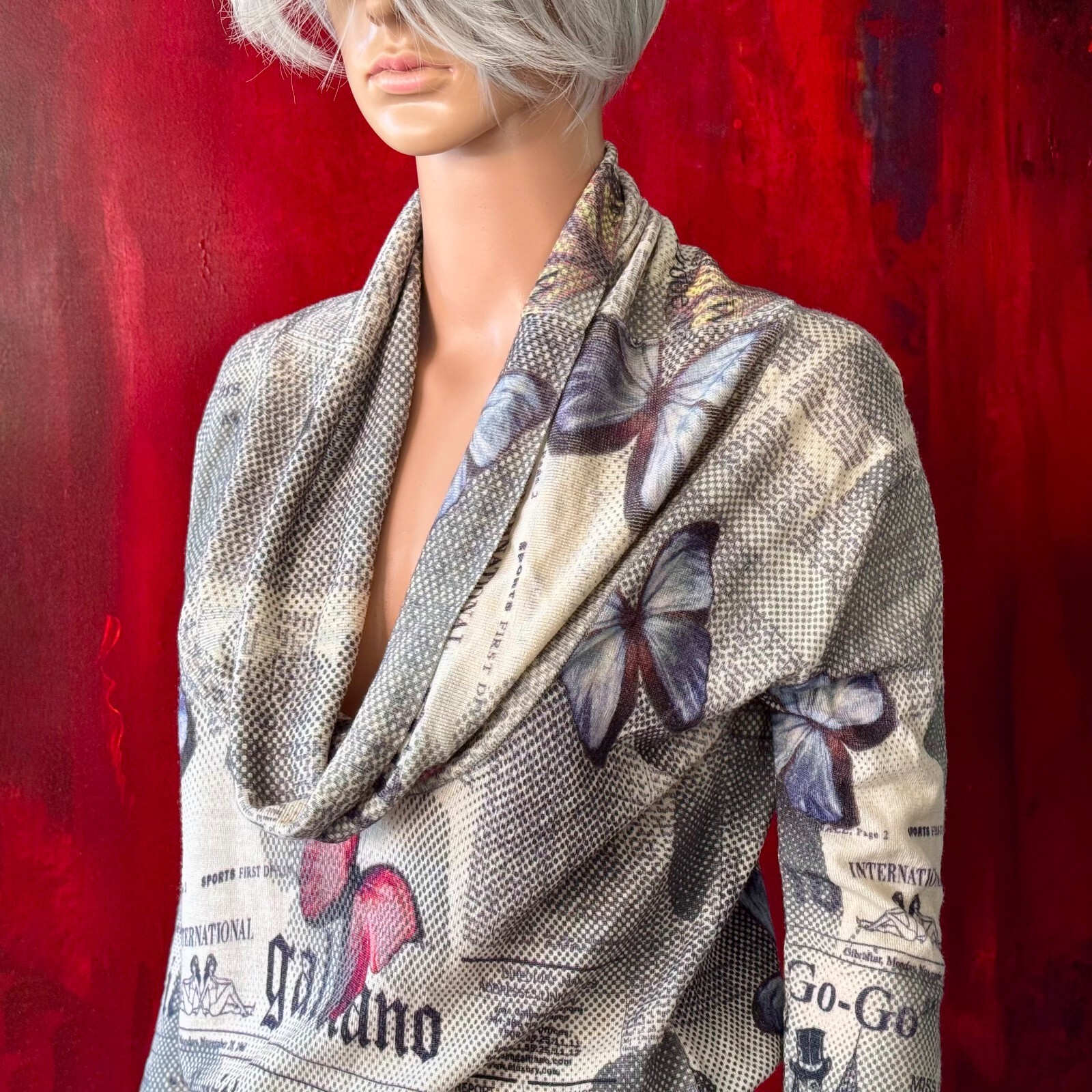 JOHN GALLIANO 2000s Gazette Newspaper Butterfly wool stretch dress print size M