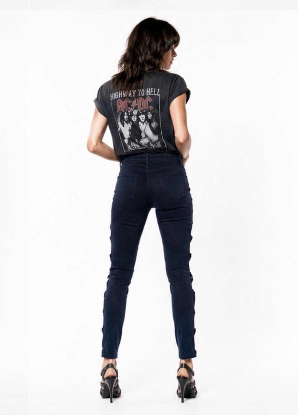 NWT 1980s VTG TRAFFIC Cutout Ladder Strap Rock Band Chick Dark Blue Jeans 9/10