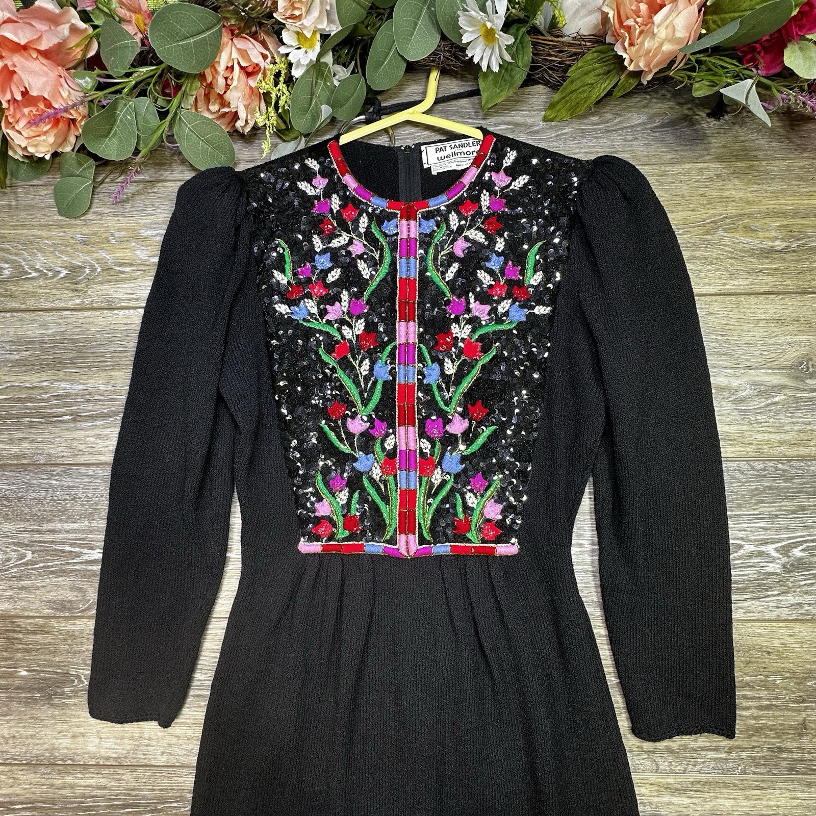 1980S PAT SANDLER FLORAL EMBROIDERED KNIT DRESS Vintage Black 4 Womens Sequin