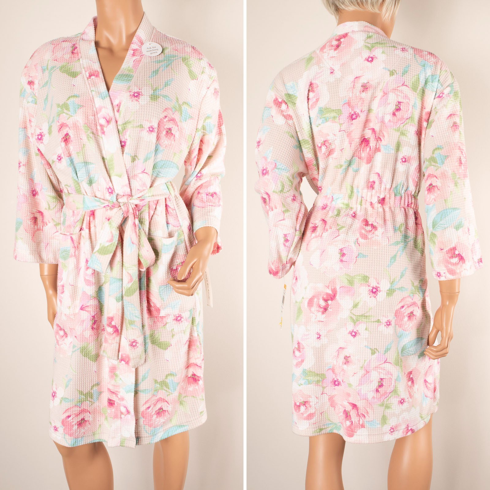 Vtg MISS ELAINE Waffle Knit S Pink Floral Jacket & Nightgown 2 PC Set Belt NWT