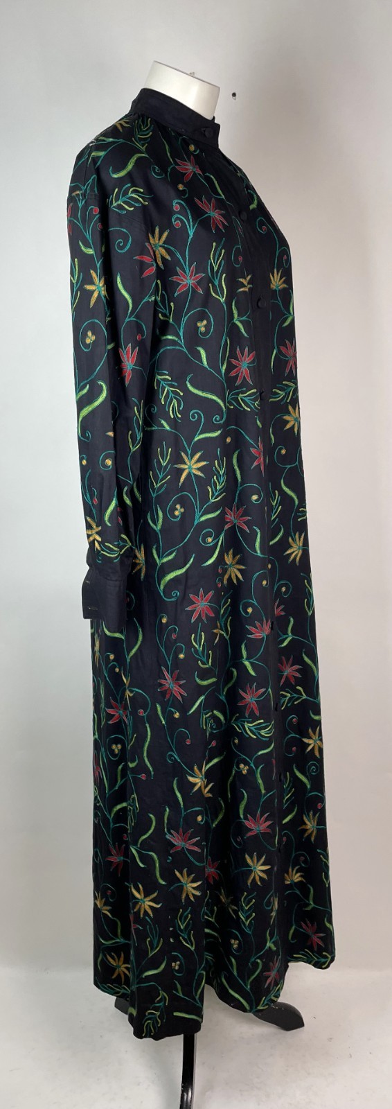 Vintage Y2K High Collar Black Embroidered Long Sleeve cotton shirt Dress M 38″