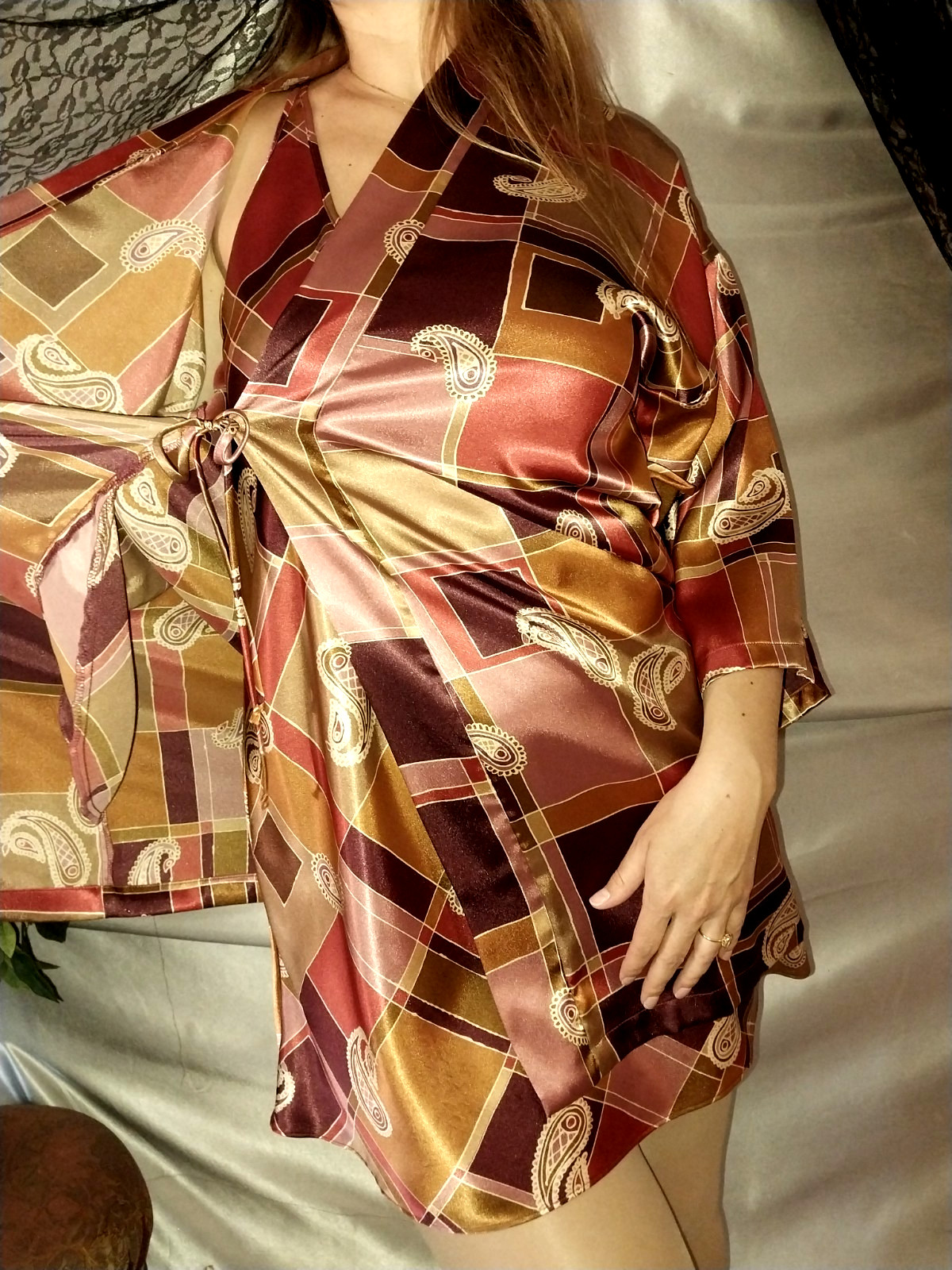 VTG SATIN SHINY GOLD BROWN ROSE PINK GEO PRINT BABYDOLL ROBE GOWN SET NOS L NEW