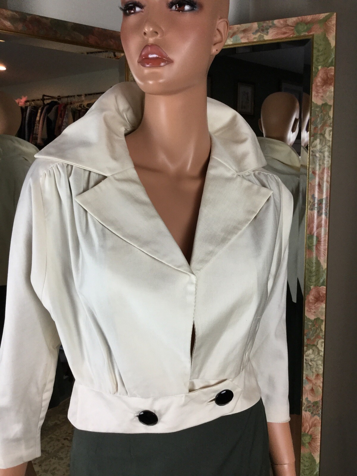 Vintage Olive Green Pencil Skirt Sz 2 Ivory Jacket Bomber Style Sz 10 Pin Up