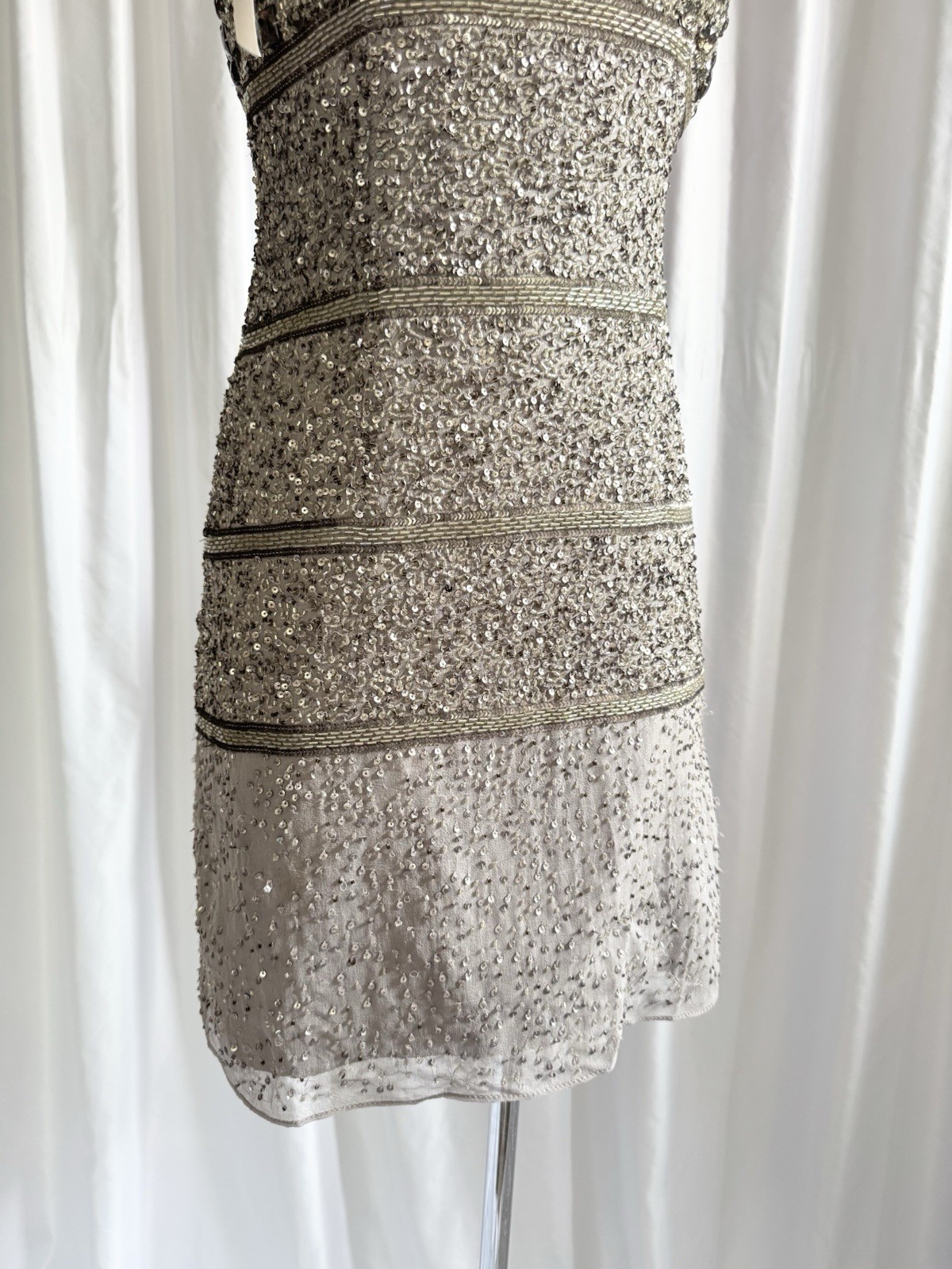 Vintage Y2K Silver Beaded Silk Sequin Gem Party Princess Mini Dress Grey Size S