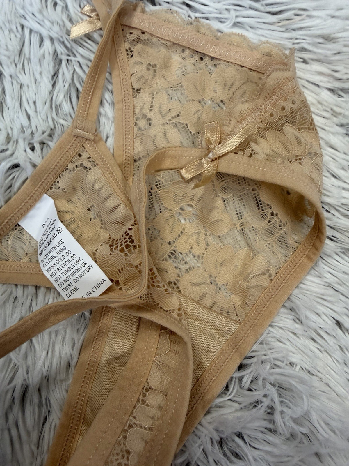 Women’s Lace Sz Small Thong String Panties floral brown Underwear w/ Bows