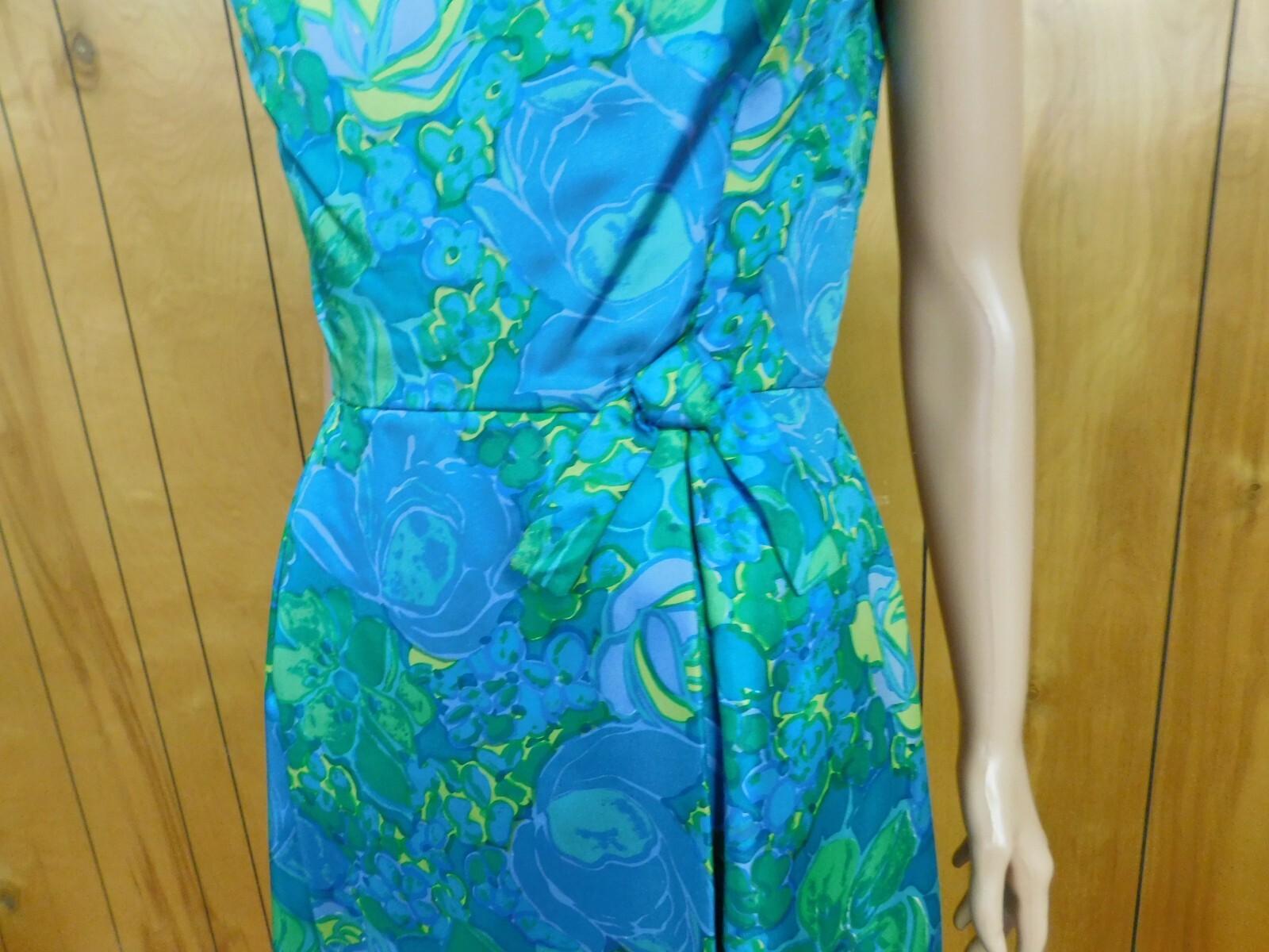 Vintage 70’s Blue Green Yellow Satin Evening Gown Pencil Dress Waist 29″*