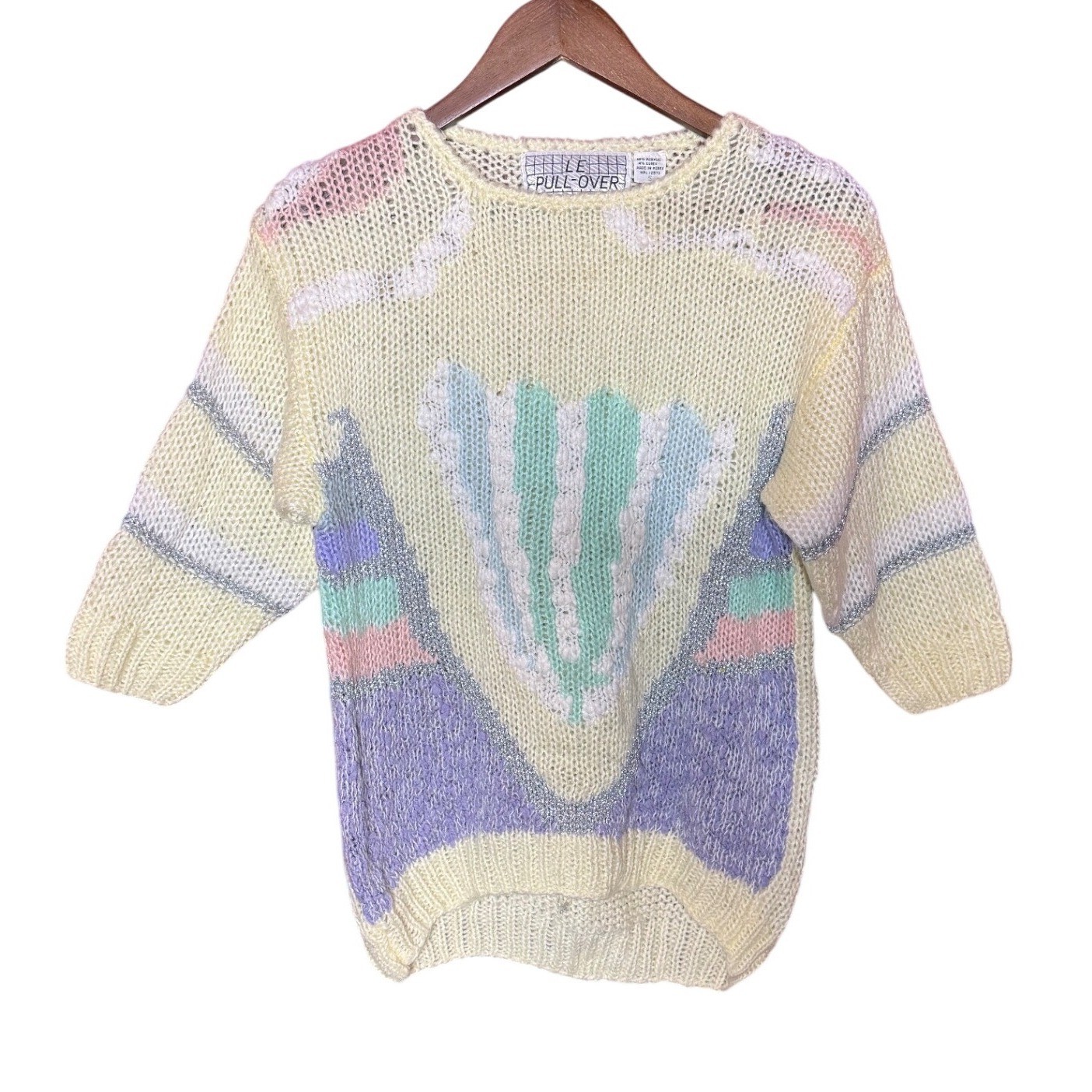 VTG Le Pull-Over Women Small 80s Pastel Knit Sweater Metallic Lurex Cream Korea
