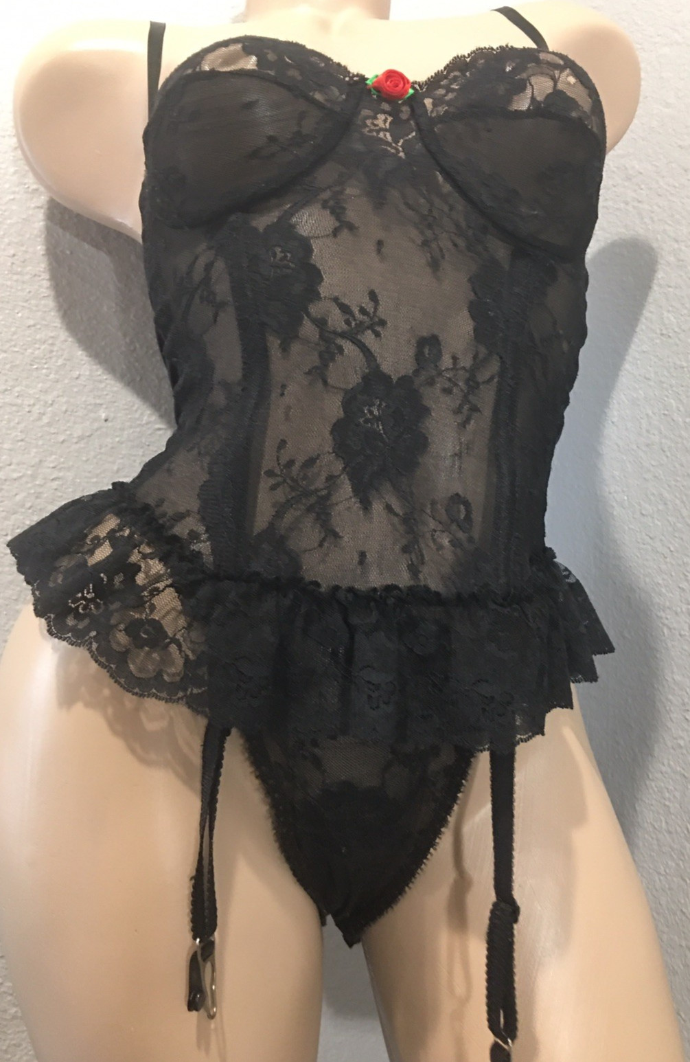 Vtg Black Lace Garters Corset MerryWidow Seam Nylon Stockings S