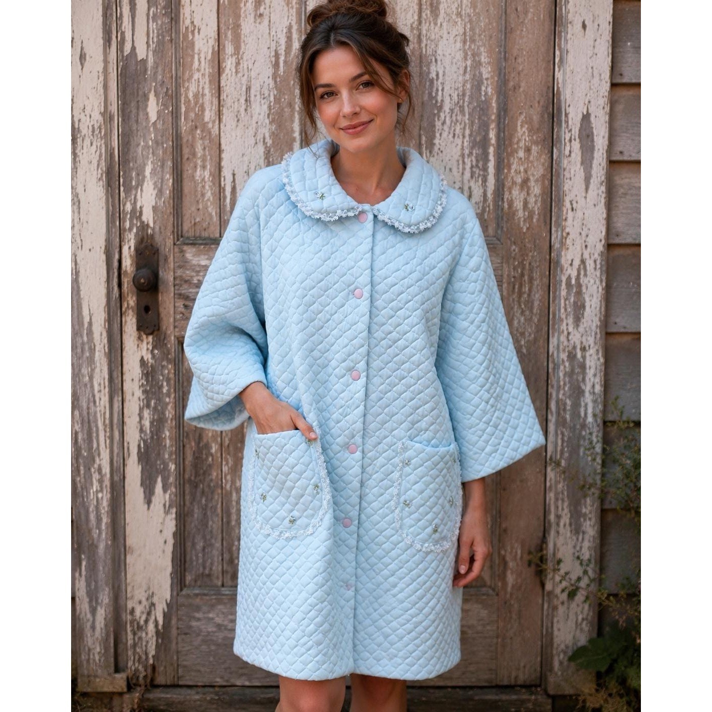 Vintage NWT Basila Ladies Size 42 Blue Quilted Button Front Robe