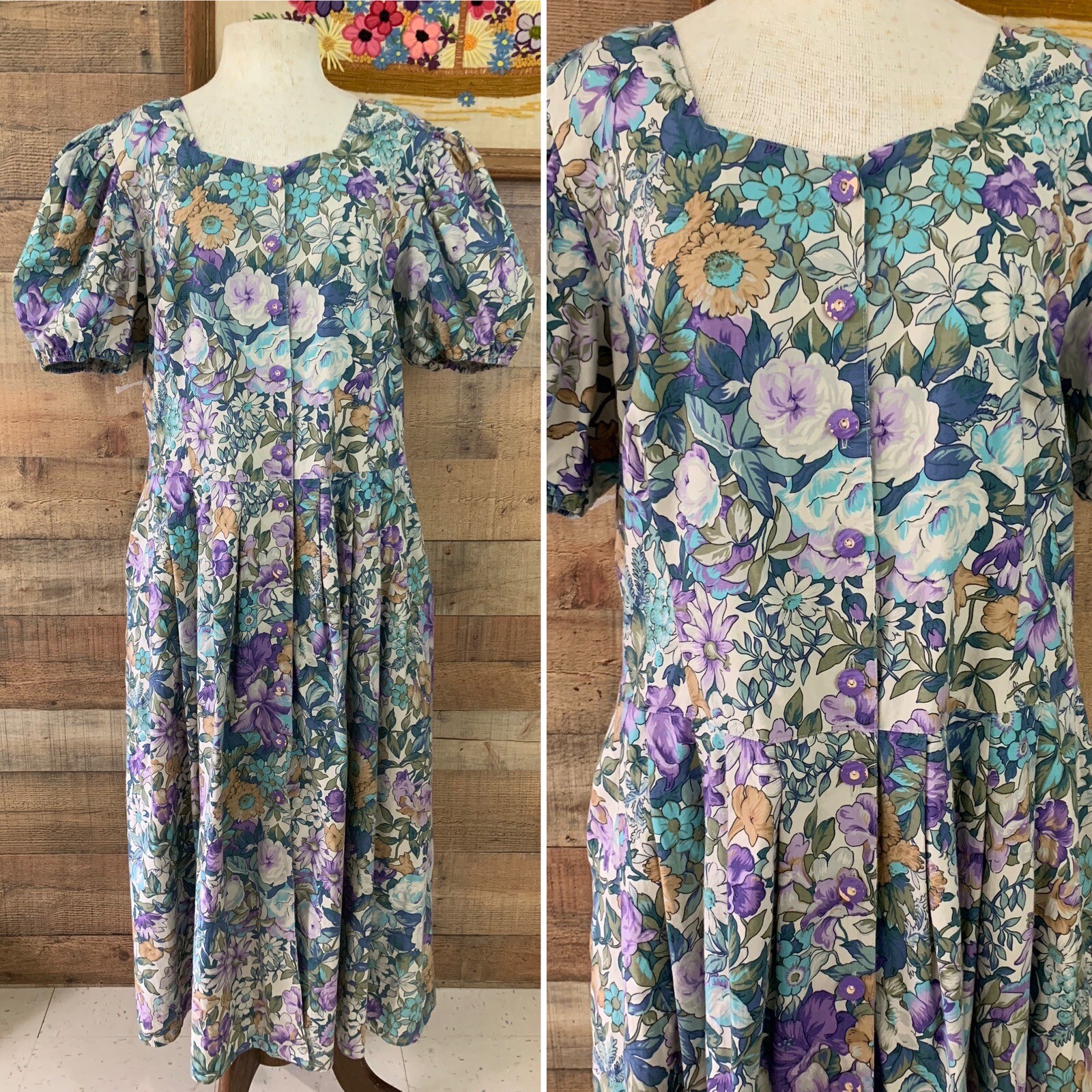 Vintage 1980’s Floral Button Front Puff Sleeve Romantic Dress Sz L/XL