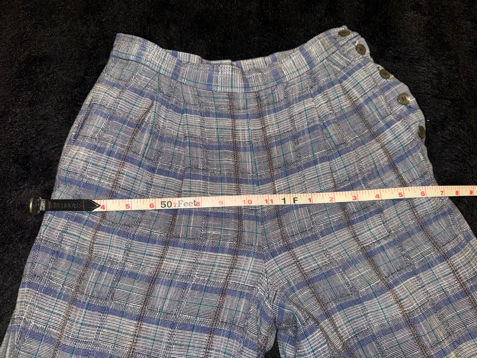 Vintage David Brooks Plaid High Waist Pants Sz 10 Side Button Pockets Ruffle Hem