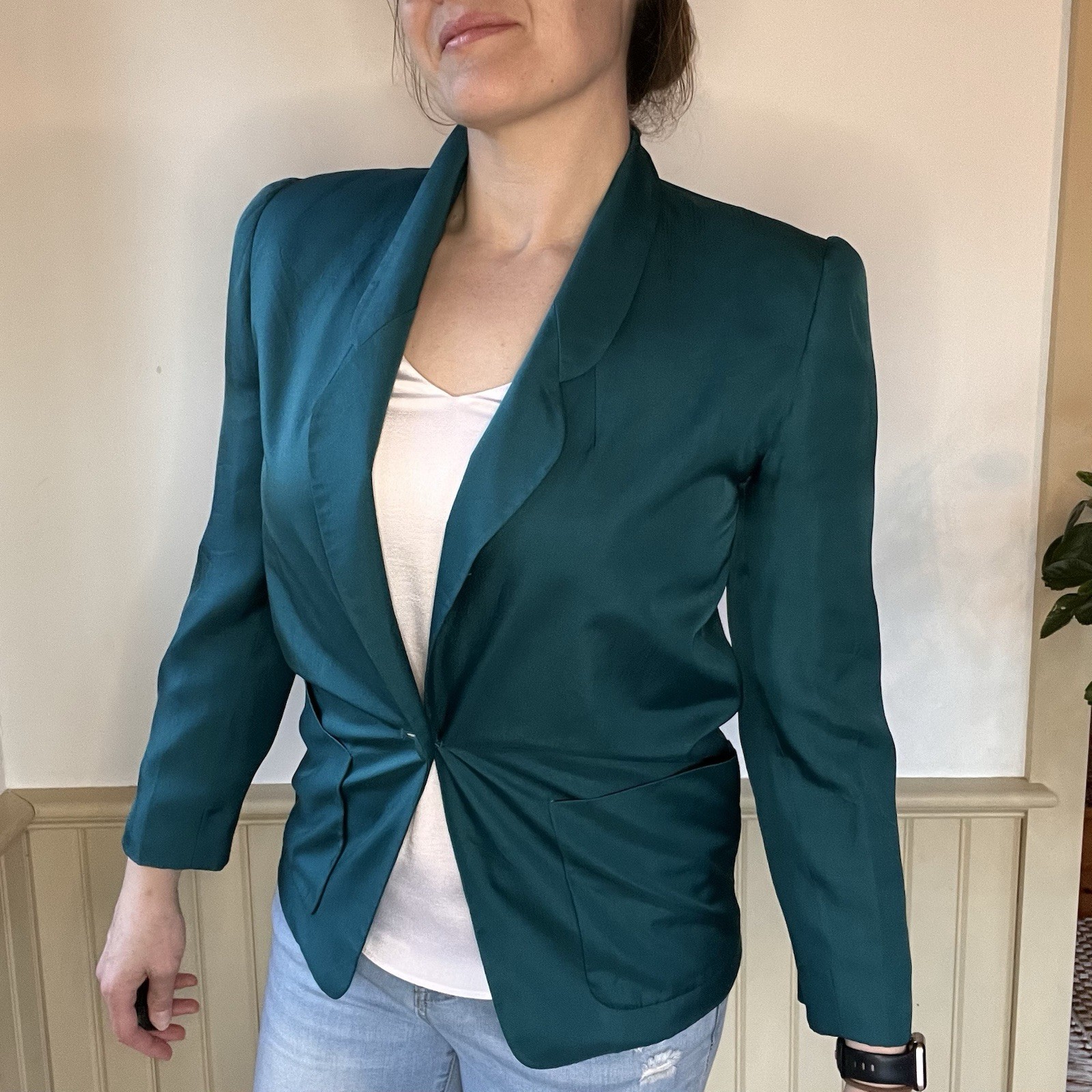 Vintage Evan Picone Silk Emerald Blazer Lined Front Button Single Breasted