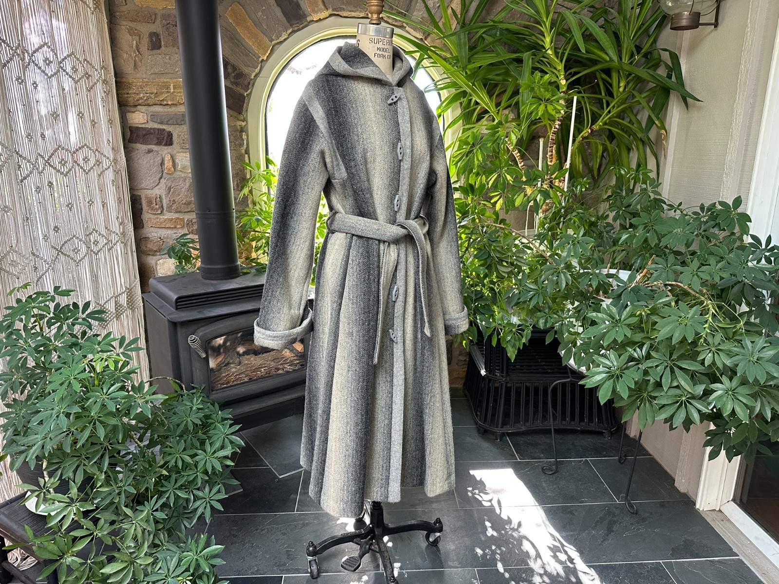 Vintage 1970s Variegated Gray Striped Wool Belted Hooded Coat Casa de Lana