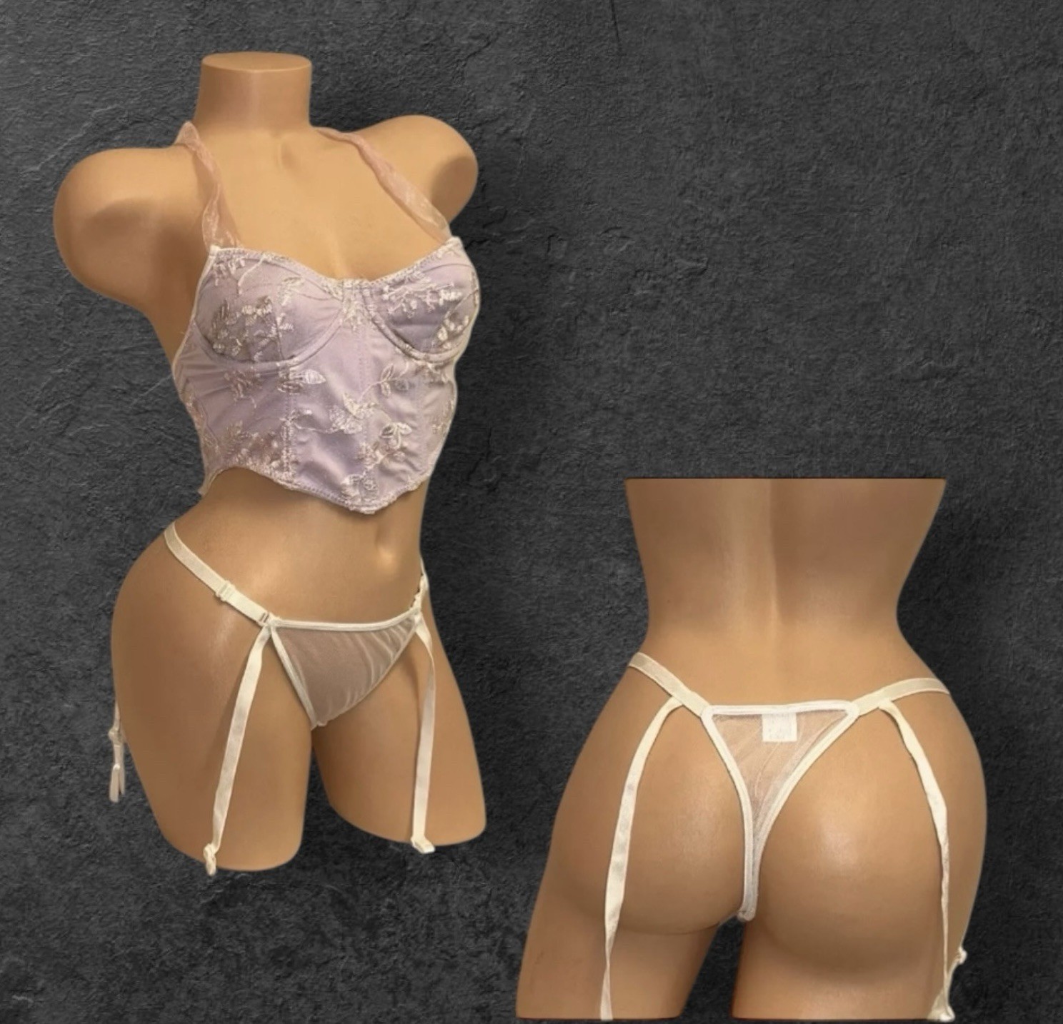 Lot of 2 Purple Lace Embroidery Brassiere & White Sheer Garter Panties 6/S NOS