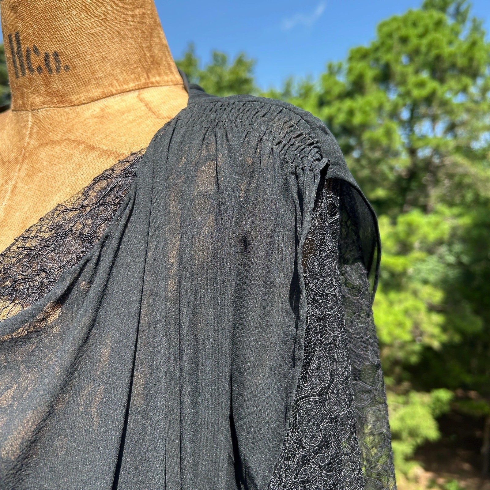 Vintage 30s Black Sheer Silk Chiffon Chantilly Lace Shirred Draped Flowy Midi