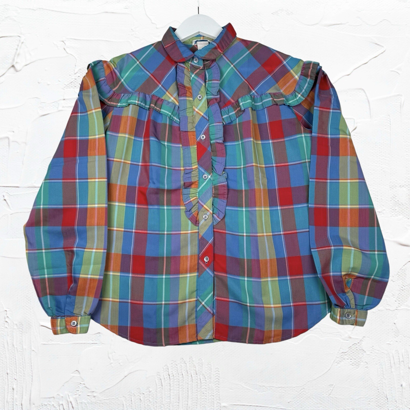 Vtg 70s Levi Strauss & Co Women Plaid Button Down Ruffle Shirt – Size M/L