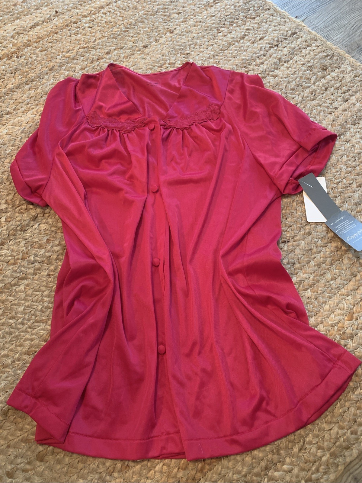 Vintage Exquisite Nylon Pajama Sleep Top Womens Large Beet Red Embroidered NWT