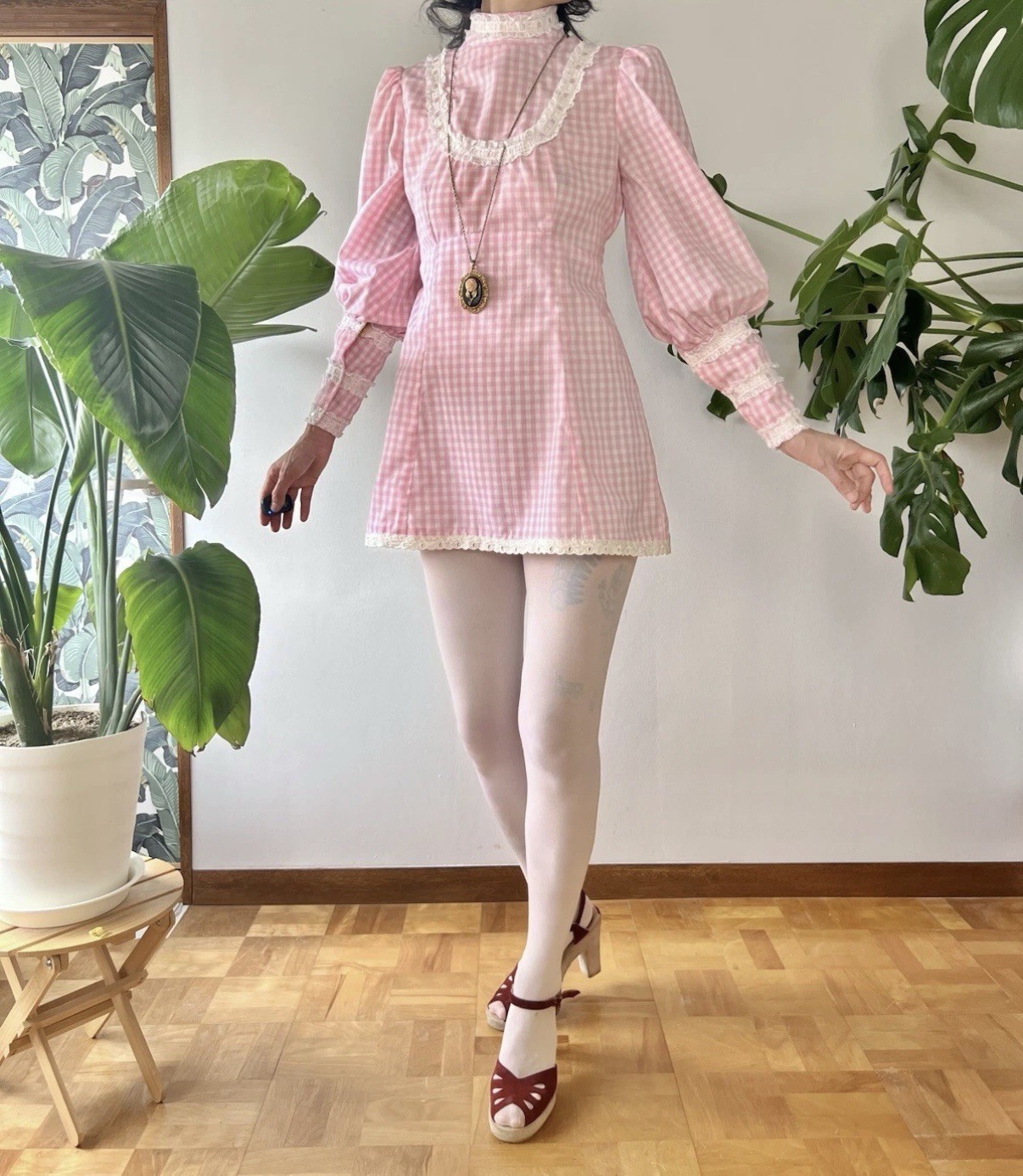 60s 70s Pink Gingham Babydoll Micro Mini Dress Lace Trim Puff Sleeve Mod XS/S