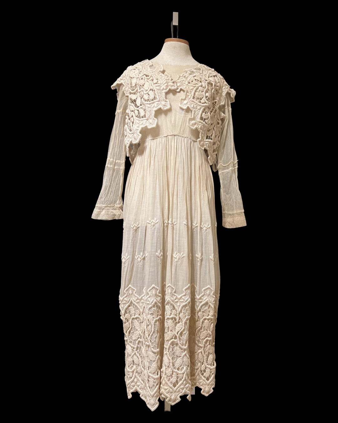 Antique Edwardian Tulle Crochet Formal 2piece Dress Vest Cotton Voile Skirt 1900