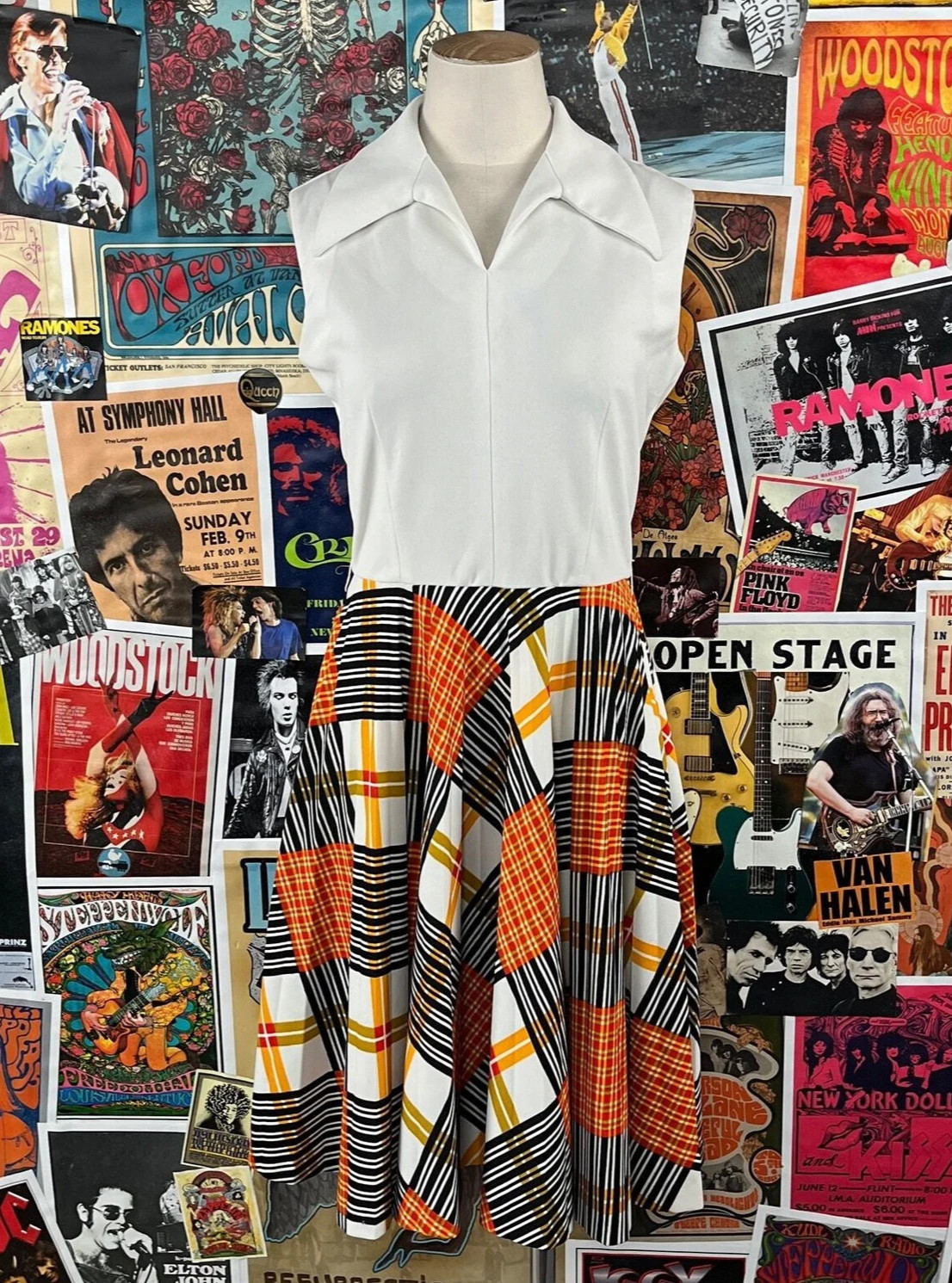 Vtg 60s 70s Plaid Shirtwaist Fit Flare Collar V-Neck Dress XS Preppy Mod Act III