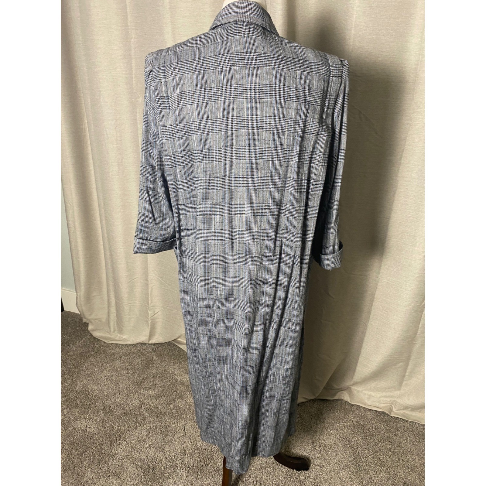 Vintage Leslie Fay Plaid Duster Coat Womens 14 Grey Blue Double Breasted 80s 90s