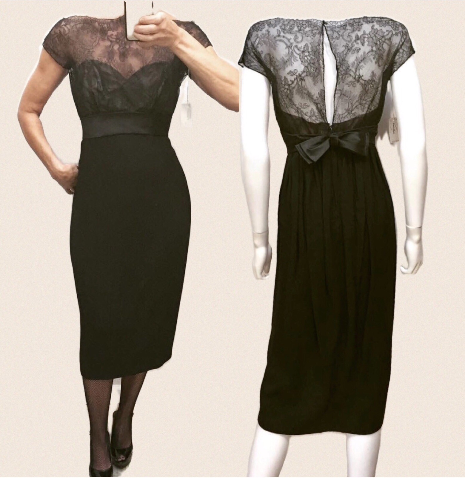 VTG 1950s DEADSTOCK w/TAG *HARVEY BERIN SILK Peau de Soie & ILLUSION LACE DRESS*