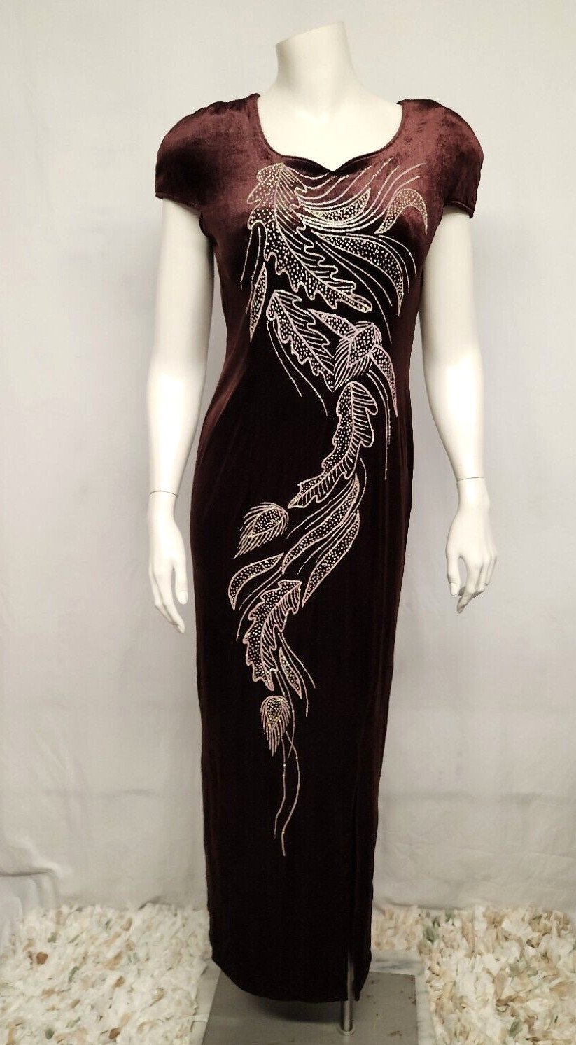 Vintage 90’s Beautiful Brown Velvet Silver Glitter Leaf Design Long Maxi Dress