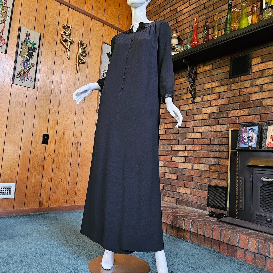 Vtg 70s Courreges Documented Avant Garde Nun Sequin Silk Maxi Dress 000 XS/S