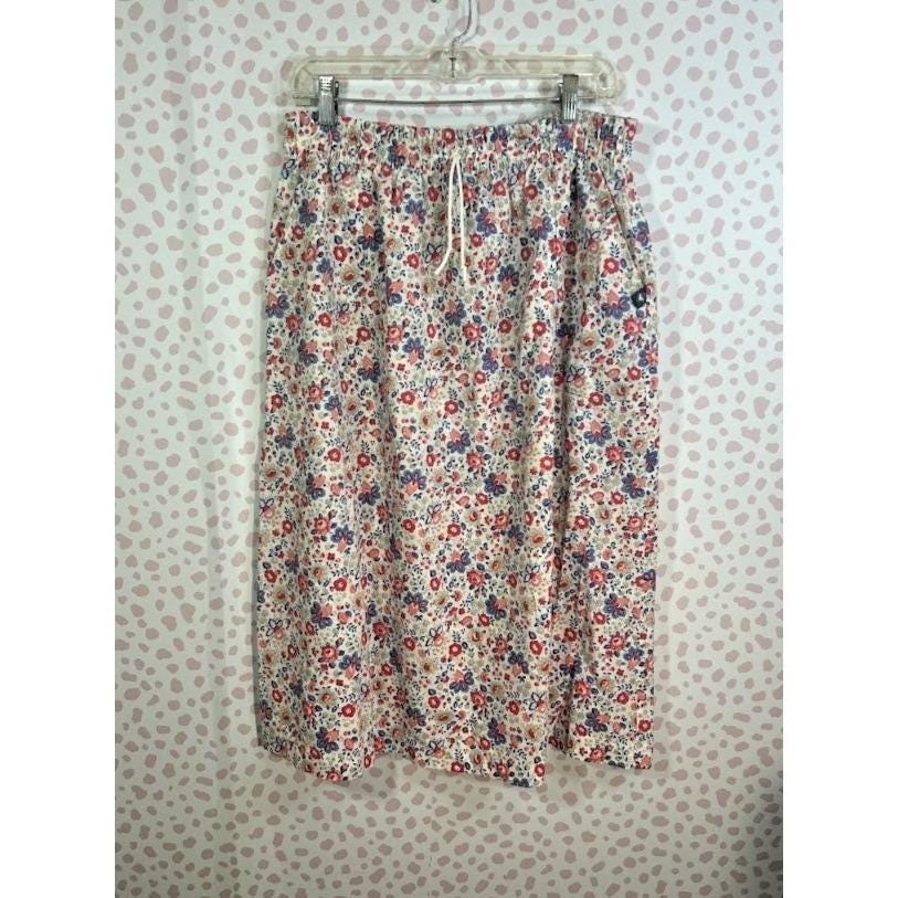 Picket and Post Vintage Floral Midi Skirt Red Blue Calico Elastic Waist Cottage