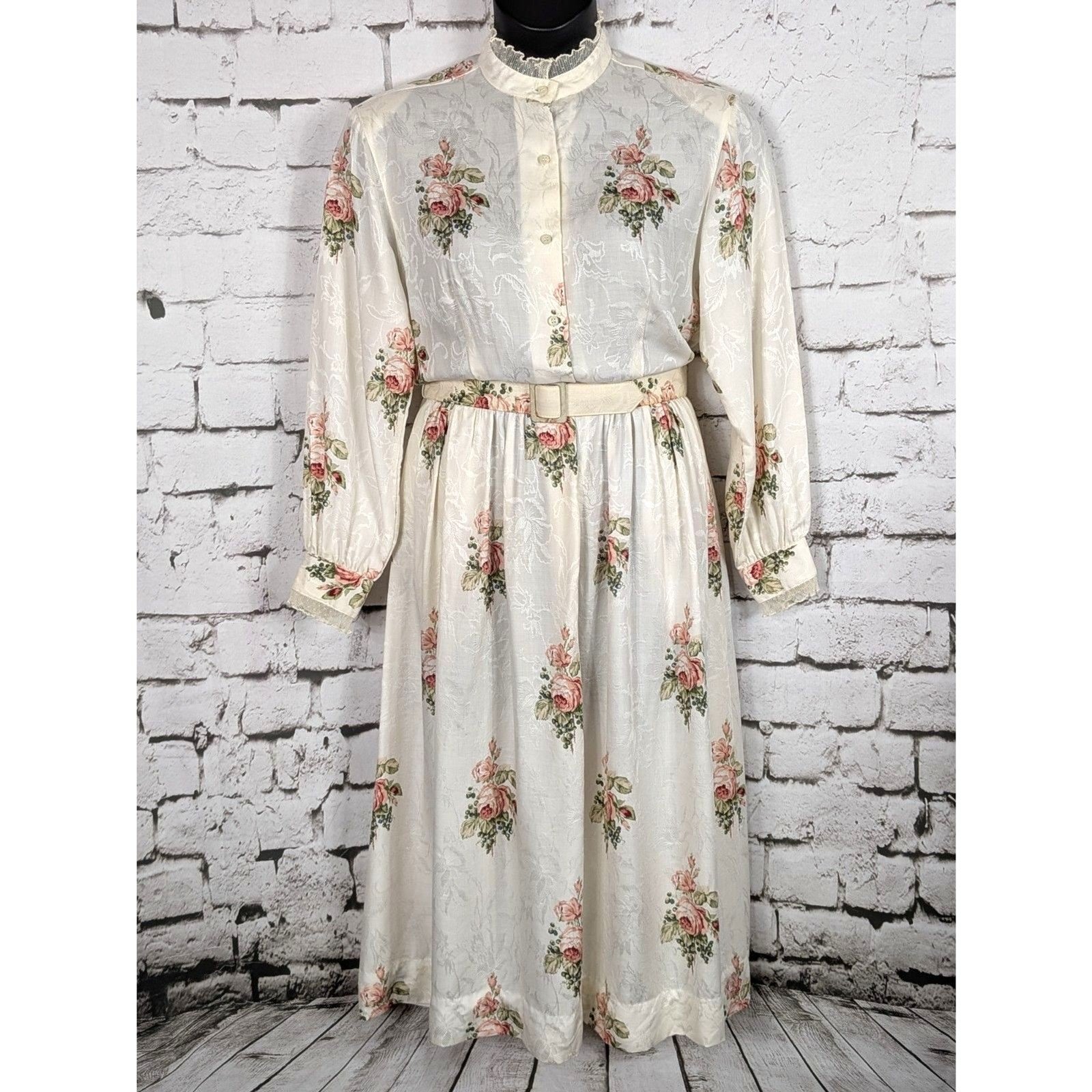 VINTAGE 70s J.G. HOOK Belted Secretary Dress Midi Floral Pockets Modest *Medium