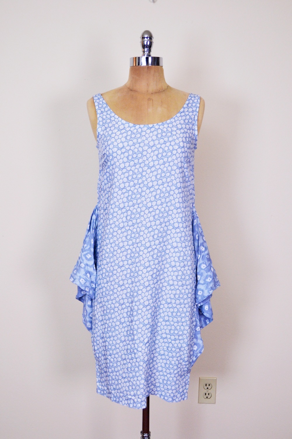 Vtg 80s 90s Abstract Print Avant Garde Peplum Skirt Side Flap Midi Sun Dress XS