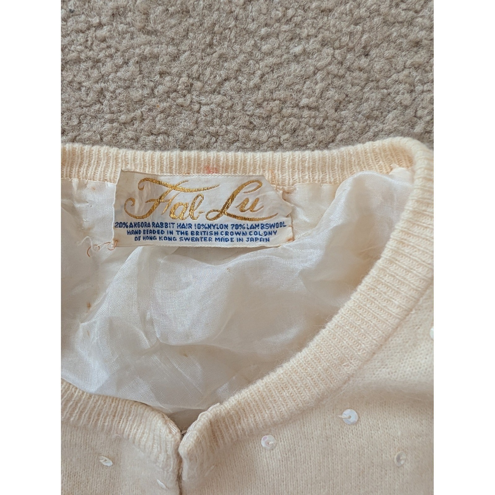 Vintage Women’s Beaded Angora Lambswool Cardigan Cream Floral Sequin Sweater- XS